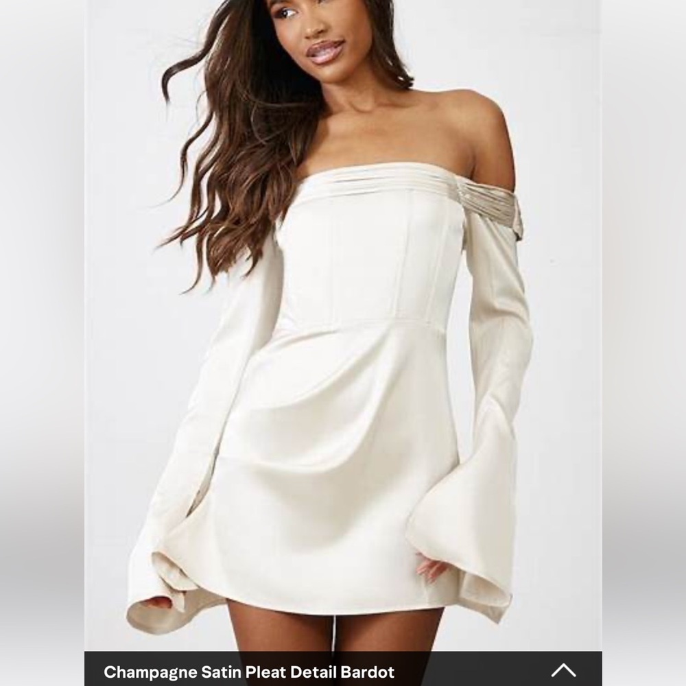 Pretty little thing Champagne pleat detail Bardot flared sleeve shift dress 4